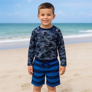 Hanna Andersson Boy's Size 5 Swim Set Rash Guard Camo Top‎ Striped Shorts